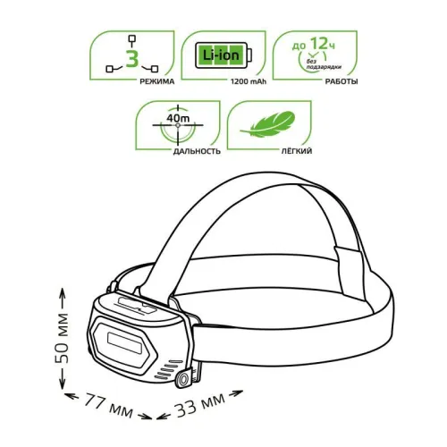 Фонарь аккумуляторный налобный GFL409 5Вт 200лм Li-ion 1200мА.ч LED GAUSS GF409 фото 4