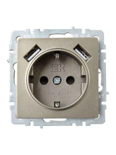 Розетка BRITE РЮш10-2-БрШ 16А с USB A+A 3.1А с заземл. защ. шторки механизм шампань IEK BR-R14-16-U21-D31-K37 фото 4