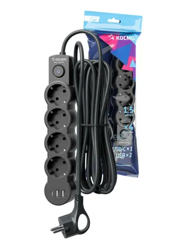 Удлинитель 4х1.5м с заземл. 10А IP20 2хUSB-А + 1хUSB-C 2500Вт 220В ПВС 3х1 с выкл. черн. КОСМОС YKsm1.5m4g-Z-VU10А-B
