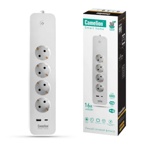 Фильтр сетевой умный Smart Home SZD/SH/4х1.5/WIFI 4гн.1.5м 16А 4000В USB+Type-С WiFi+Счетчик Camelion 14800