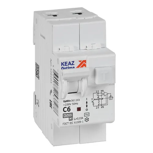 Выключатель автоматический дифференциального тока 2п OptiDin D63-22C6-AC-У3 C6 30мА 4.5кА с защитой от сверхтоков КЭАЗ 328103