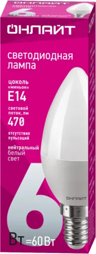 Лампа светодиодная 71 629 OLL-C37-6-230-4K-E14-FR 6Вт свеча 4000К нейтр. бел. E14 470лм 220-240В ОНЛАЙТ 71629 фото 2