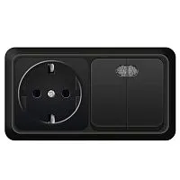 Блок ОП Олимп 2-кл. выкл. с подсветкой 10А + роз. с заземл. 16А 220В горизонт. черн. Universal 7946812