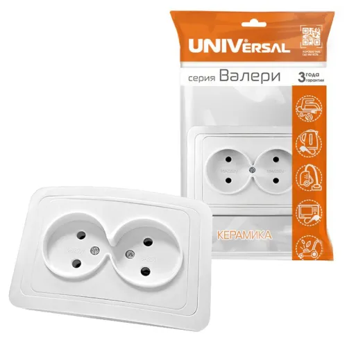 Розетка 2-м СП Валери 16А IP20 без заземл. бел. UNIVersal В0102 фото 2
