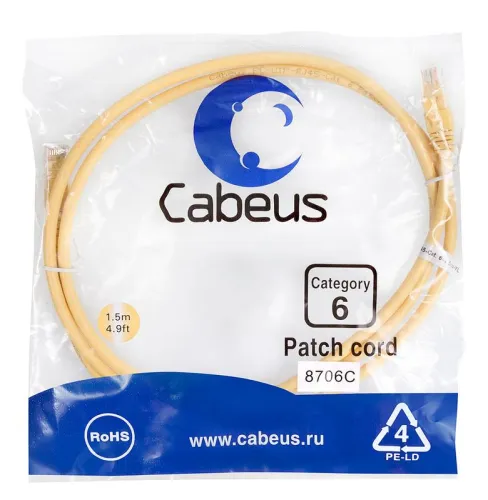 Патч-корд U/UTP кат.6 PC-UTP-RJ45-Cat.6-1.5m-YL 2xRJ45/8p8c неэкранир. PVC 1.5м желт. Cabeus 8706c