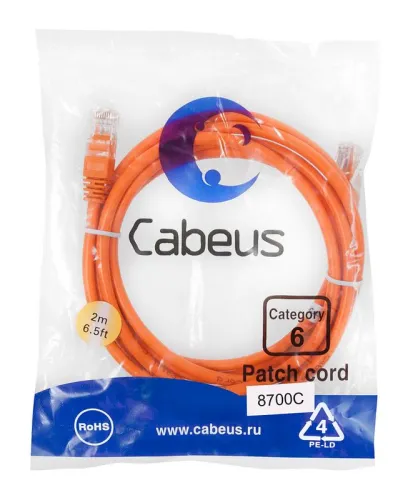 Патч-корд U/UTP кат.6 PC-UTP-RJ45-Cat.6-2m-OR 2xRJ45/8p8c неэкранир. PVC 2м оранж. Cabeus 8700c