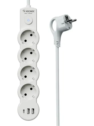 Удлинитель 4х1.5м с заземл. 10А IP20 USB type-Aх2 + type-C 2500Вт 220В ПВС 3х1 с выкл. бел. КОСМОС YKsm1.5m4g-Z-VU10А-W фото 5