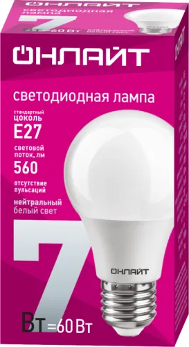 Лампа светодиодная 71 648 OLL-A60-7-230-4K-E27 7Вт грушевидная 4000К нейтр. бел. E27 610лм 220-240В ОНЛАЙТ 71648 фото 2