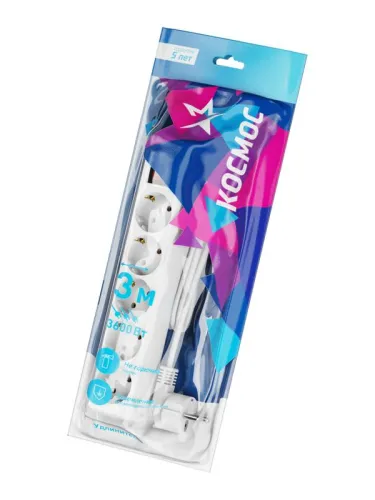 Удлинитель 5х3м с заземл. 16А IP20 ПВС 3х1 с выкл. КОСМОС YKsm3m-5g-Z-V(K) фото 2