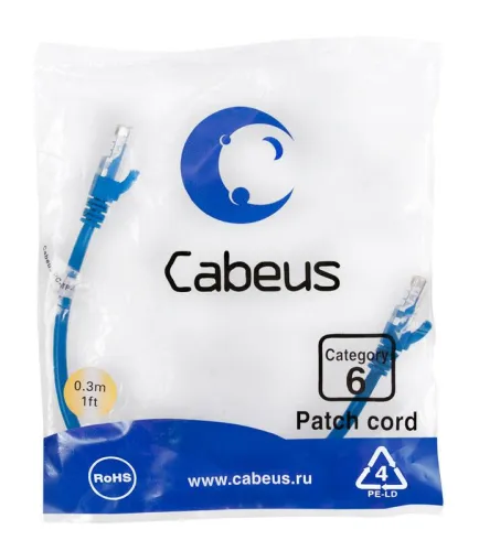 Патч-корд U/UTP кат.6 PC-UTP-RJ45-Cat.6-0.3m-BL 2xRJ45/8p8c неэкранир. PVC 0.3м син. Cabeus 8675c