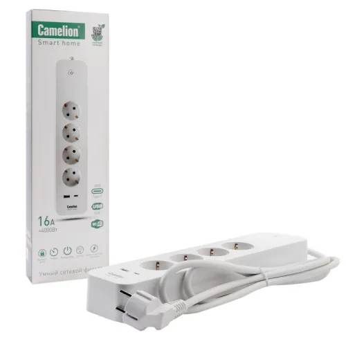 Фильтр сетевой умный Smart Home SZD/SH/4х1.5/WIFI 4гн.1.5м 16А 4000В USB+Type-С WiFi+Счетчик Camelion 14800 фото 9
