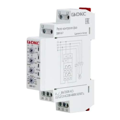 Реле контроля фаз тип DRF контроль напряжения обрыва фаз чередования фаз асимметрии конфигурация контакта 2CO.208-480В 3ф DKC DRF-3-7 фото 2
