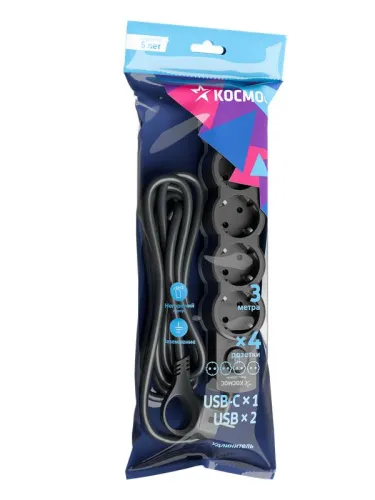 Удлинитель 4х3м с заземл. 10А IP20 USB type-Aх2 + type-C 2500Вт 220В ПВС 3х1 с выкл. черн. КОСМОС YKsm3m4g-Z-VU10А-B фото 3