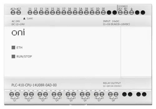 Модуль ЦПУ ПЛК 410 8 DI 6 UI (0-10В/DI) 8 RO 12В-24В DC или 24В AC с Ethernet портом без экрана ONI PLC-410-CPU-14U08R-0AD-00 фото 2