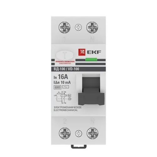 Выключатель дифференциального тока (УЗО) 2п 16А 10мА тип AC 6кА ВД-100 электромех. PROxima EKF elcb-2-6-16-10-em-pro фото 2