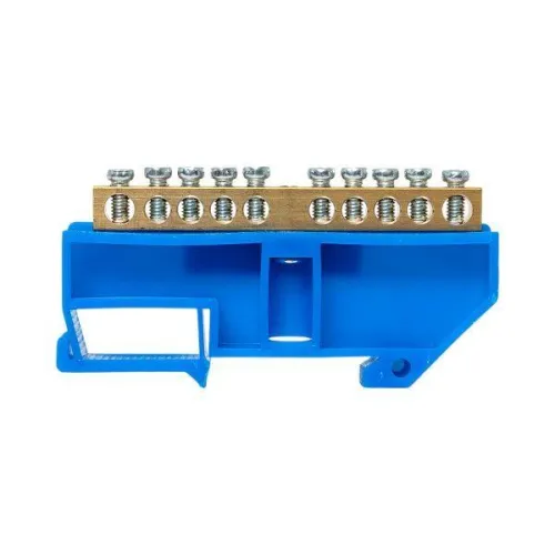 Шина нулевая N 6х9 10 отверстий синий изолятор на DIN-рейку латунь розн. стикер PROxima EKF sn0-63-10-d-r фото 2