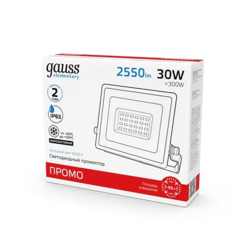 Прожектор светодиодный Elementary 30Вт IP65 6500К 2550лм PROMO G3 черн. GAUSS 613100330P фото 2