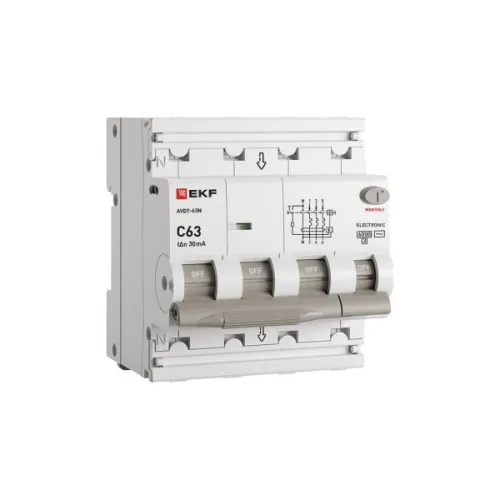 Выключатель автоматический дифференциального тока 4п (3P+N) C 63А 30мА тип AC 6кА АВДТ-63N электронный PROxima EKF D63N46E63C30