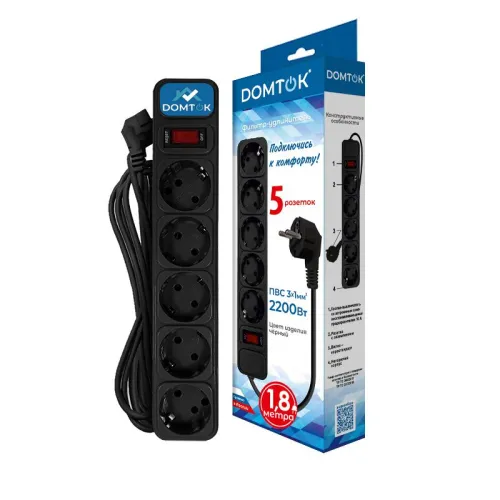Удлинитель с сетевым фильтром 5х1.8м с заземл 10А IP20 2.2кВт ПВС 3х1 с выкл. черн. DOMTOK 2537 фото 2