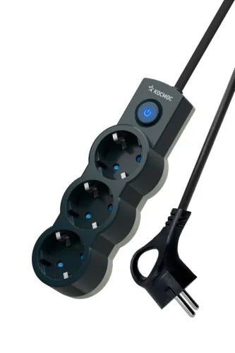 Удлинитель 3х5м с заземл. 10А IP20 2200Вт 220В защ. шторки ПВС 3х1 с выкл. черн. КОСМОС YKsm5m-3g-Z-V10A-B