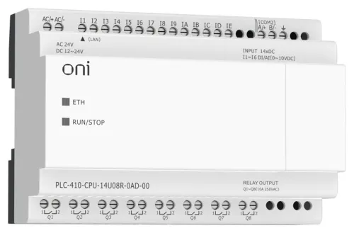 Модуль ЦПУ ПЛК 410 8 DI 6 UI (0-10В/DI) 8 RO 12В-24В DC или 24В AC с Ethernet портом без экрана ONI PLC-410-CPU-14U08R-0AD-00 фото 4