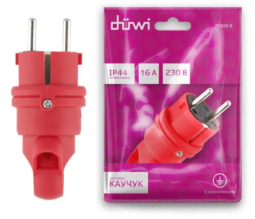 Вилка каучуковая прямая с/з 90град. с кольцом 16А 230В IP44 красн. Duwi 27459 9