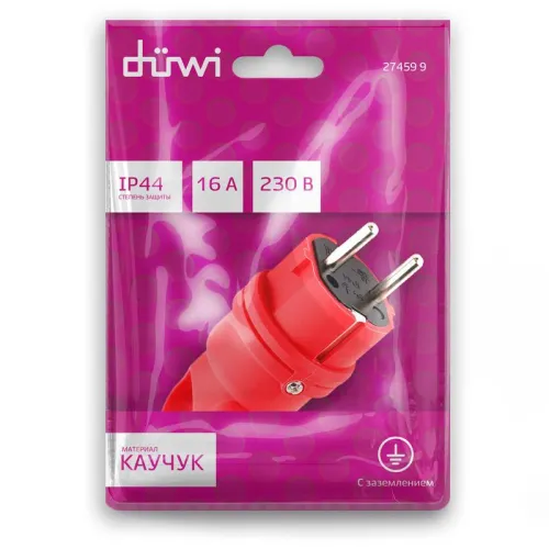 Вилка каучуковая прямая с/з 90град. с кольцом 16А 230В IP44 красн. Duwi 27459 9 фото 3