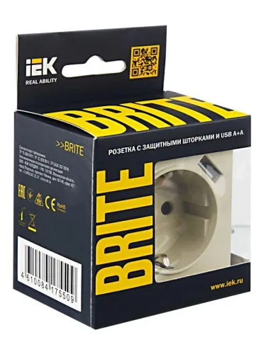Розетка BRITE РЮш10-1-БрКр 16А с USB A+A 2.1А с заземл. защ. шторки механизм беж. IEK BR-R14-16-U21-D21-K10 фото 6