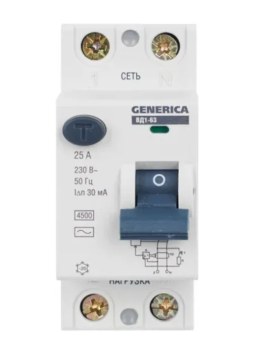 Выключатель дифференциального тока (УЗО) 2п 25А 30мА тип AC ВД1-63 GENERICA MDV15-2-025-030 фото 3