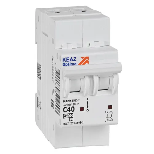 Выключатель автоматический модульный 2п C 40А 4.5кА OptiDin BM63-2C40-4.5-УХЛ3 КЭАЗ 326807