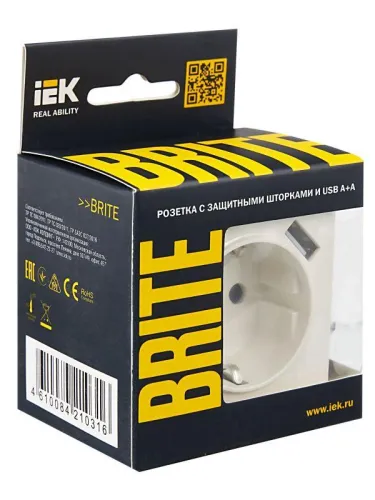 Розетка BRITE РЮш10-1-БрЖ 16А с USB A+A 2.1А с заземл. защ. шторки механизм жемчуж. IEK BR-R14-16-U21-D21-K36 фото 6