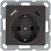 Розетка Shuko 16А с заземл. защ. шторки с 2-мя заряд. устройствами USB тип A+C 25Вт механизм мокко Jasmart G5501USB-25Z