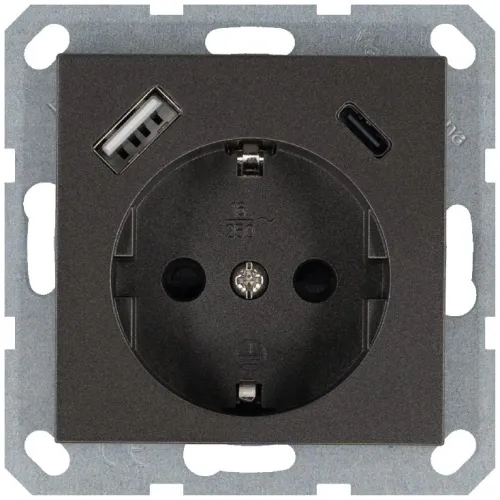 Розетка Shuko 16А с заземл. защ. шторки с 2-мя заряд. устройствами USB тип A+C 25Вт механизм мокко Jasmart G5501USB-25Z