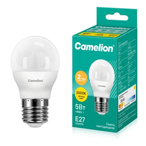 Лампа светодиодная LED5-G45/830/E27 5Вт шар матовая 3000К тепл. бел. E27 410лм 220В Camelion 12028