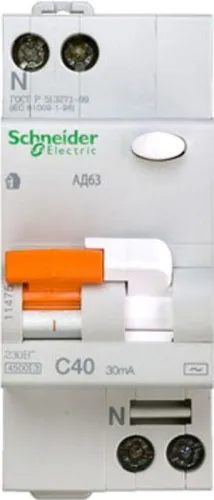 Выключатель автоматический дифференциального тока 2п (1P+N) C 40А 30мА тип AC 4.5кА К АД63 2мод. Домовой SchE 11475 фото 3