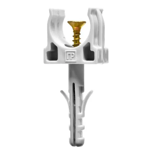 Держатель для труб (клипса) d16мм с дюбелем и саморезом сер. (уп.100шт) Промрукав PR13.0215