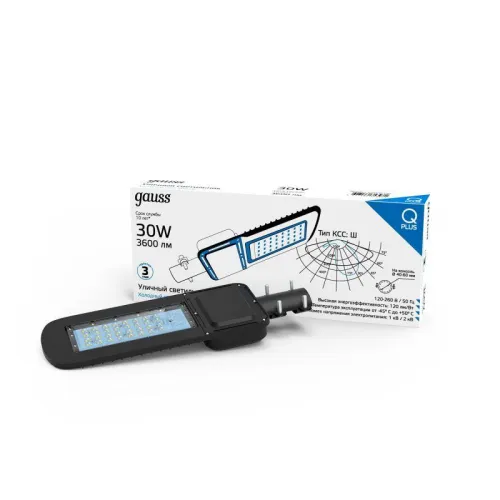 Светильник светодиодный Qplus 30Вт 5000К IP65 3600лм 120-260В 370х145х45мм ДКУ уличный консольный КСС Ш черн. GAUSS 629535330 фото 6