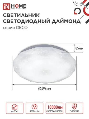 Светильник светодиодный DECO ДАЙМОНД 95Вт 6500К 10000лм 230В 496х85мм IN HOME 4690612058634 фото 2