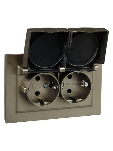 Розетка 2-м СП BRITE РСбш12-3-44-БрШ 16А в сборе IP44 с крышкой шампань IEK BR-R26-16-44-K37-F фото 2
