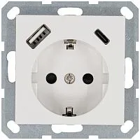 Розетка Shuko 16А с заземл. защ. шторки с 2-мя заряд. устройствами USB тип A+C 25Вт механизм бел. глянцевый Jasmart G5501USB-25W