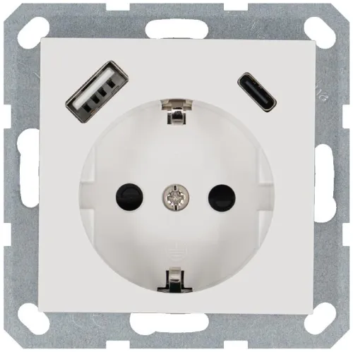 Розетка Shuko 16А с заземл. защ. шторки с 2-мя заряд. устройствами USB тип A+C 25Вт механизм бел. глянцевый Jasmart G5501USB-25W