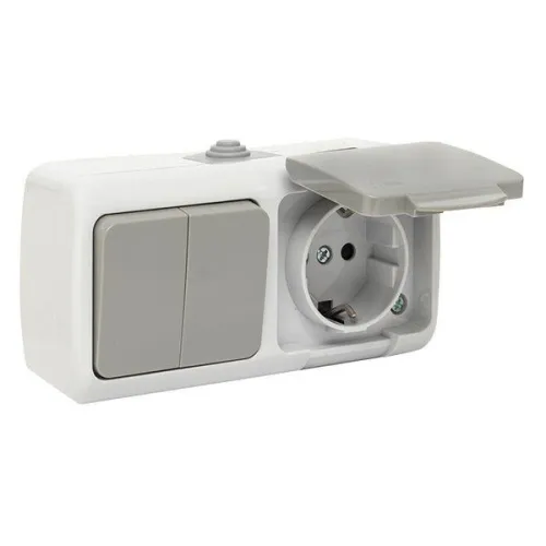 Блок ОП розетка 1-м 16А с заземл. с крышкой+выключатель 2-кл. Мурманск IP54 сер. EKF EFRV16-052-30-540 фото 2