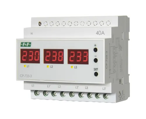 Реле напряжения CP-723-3 1ф/3ф 3х40А контроль напряжения: нижн. порог 140-210В верхн. порог 240-300В цифров. индикация напряжения 6мод. монтаж на DIN-рейку F&F EA04.009.022