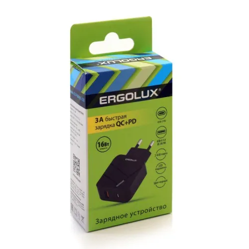 Адаптер сетевой ELX-РA01QC-C02 1USB+1Type C 100-220В 5-9В/3А QC коробка черн. ERGOLUX 15108 фото 4