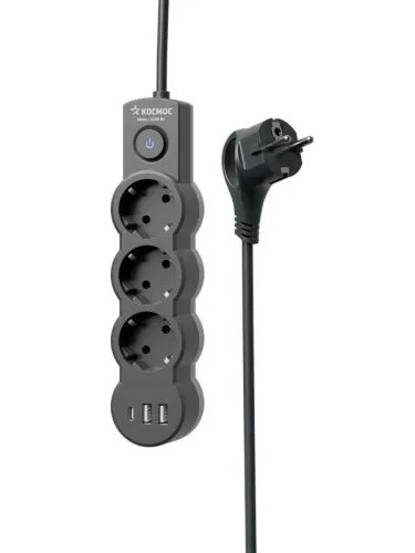 Удлинитель 3х3м с заземл. 10А IP20 USB 2800Вт 220В ПВС 3х1 с выкл. черн. КОСМОС YKsm3m3g-Z-VU10А-B фото 4