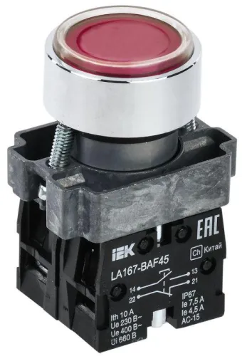 Кнопка LA167-BAF45 d22мм 1НО+1НЗ красн. IEK BBT20-BAF45-3-22-67-K04