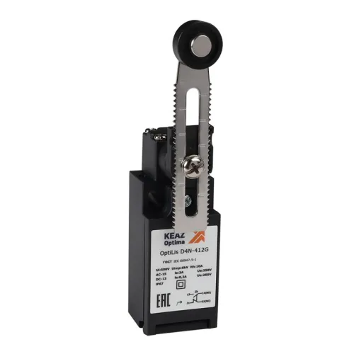 Выключатель концевой OptiLiS D4N-412G рычаг регулируемый с роликом пластик. EN 50047 XCKN2145P20 КЭАЗ 365310