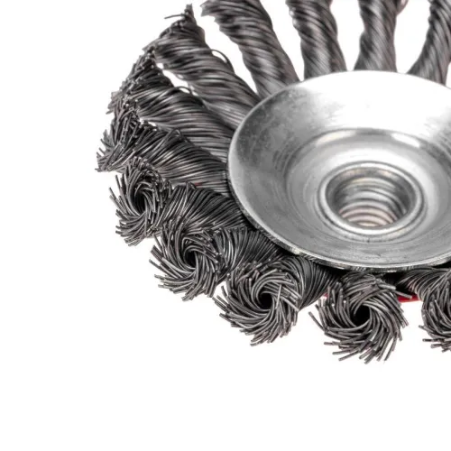 Щетка коническая для УШМ крученая стальная проволока 100мм М14 Kranz KR-91-1201 фото 3