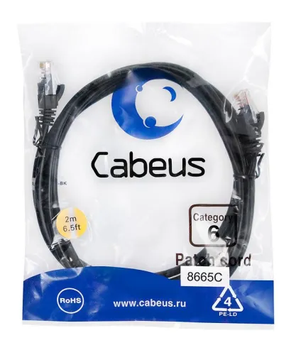 Патч-корд U/UTP кат.6 PC-UTP-RJ45-Cat.6-2m-BK 2xRJ45/8p8c неэкранир. PVC 2м черн. Cabeus 8665c