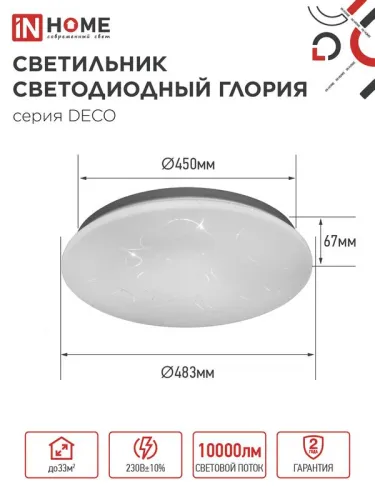 Светильник светодиодный DECO ГЛОРИЯ 95Вт 6500К 10000лм 230В 483х67мм IN HOME 4690612058627 фото 2